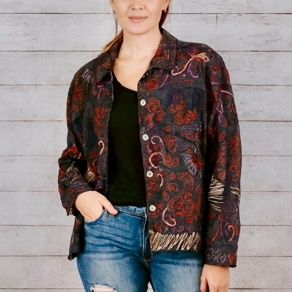 Chico’s Embroidered Applique Embellished Bohemian Artsy Denim Jacket 2 Large 12 - Picture 1 of 12